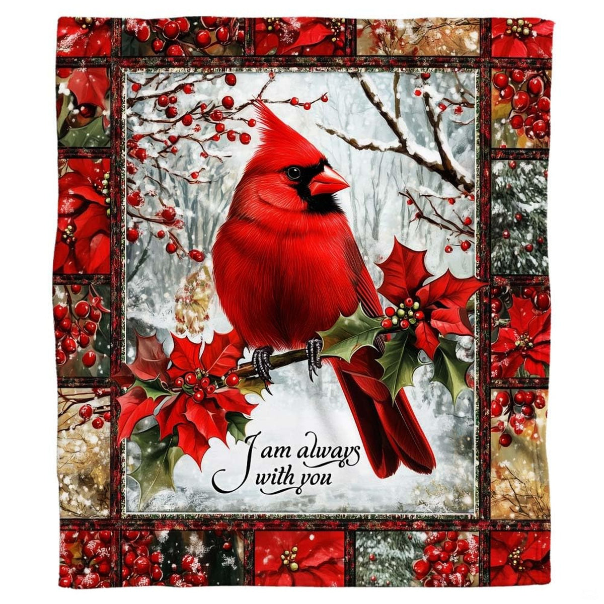 Close up view of the crimson northern cardinal illustration nestled among frosted boughs and winter berries.