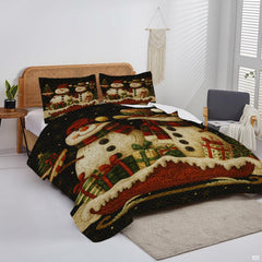 Overhead perspective of Christmas bedding arranged neatly across a mattress with holiday room decor