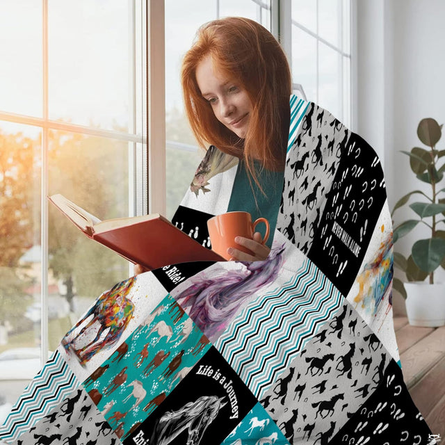 Teal equestrian horse patchwork collage graphic blanket showing watercolor portraits and chevrons view 2