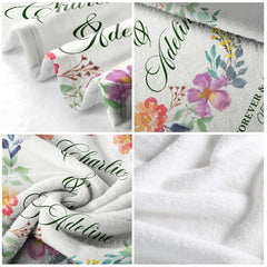 Master suite decor styled with wedding gift bedding adorned with a vibrant round floral wreath.