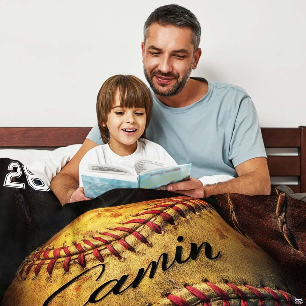Vintage softball game ball blanket folded neatly in bedroom space