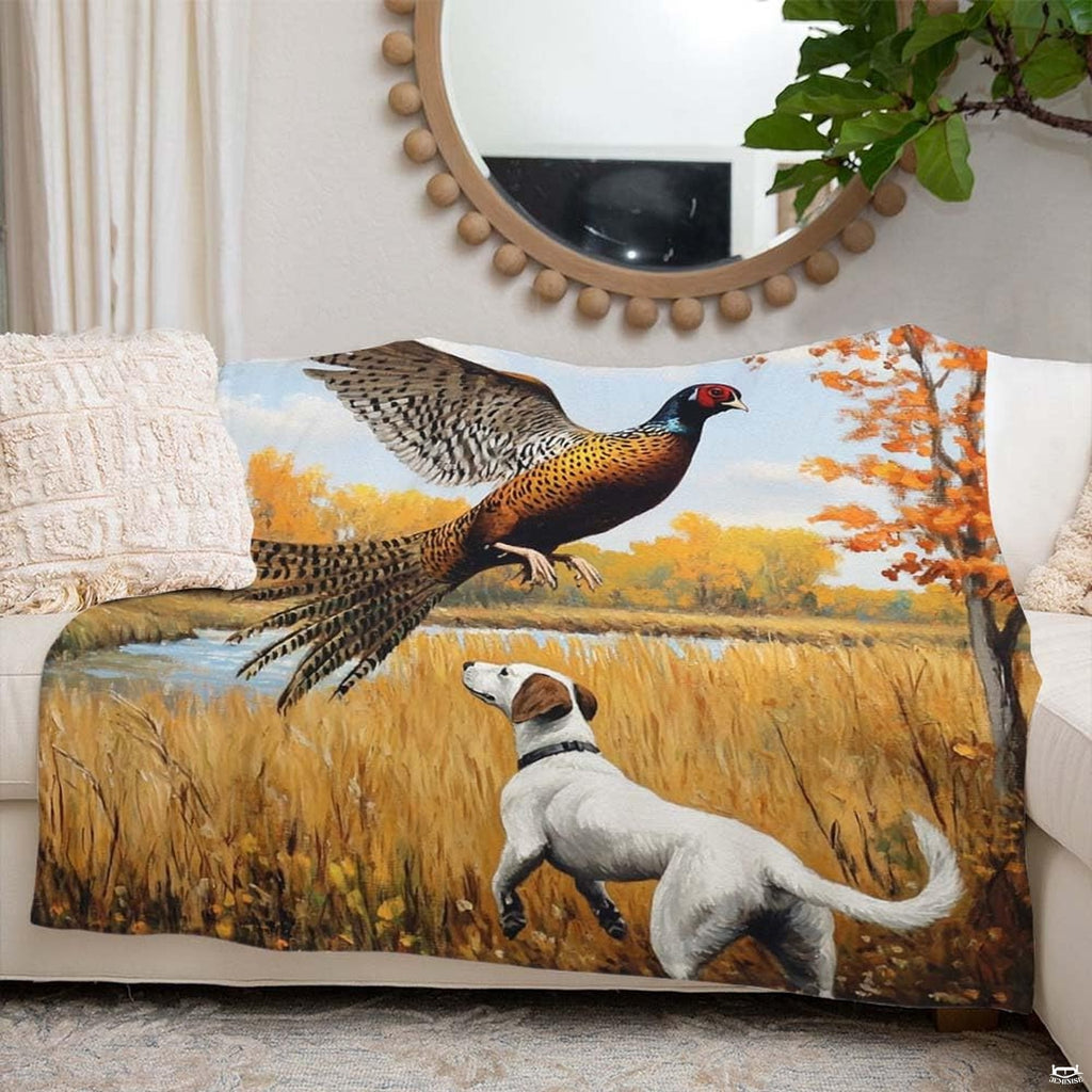Scenic oil painting of flying ringneck pheasant and attentive white pointer dog in autumn field, view 4.