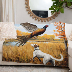 Scenic oil painting of flying ringneck pheasant and attentive white pointer dog in autumn field, view 4.
