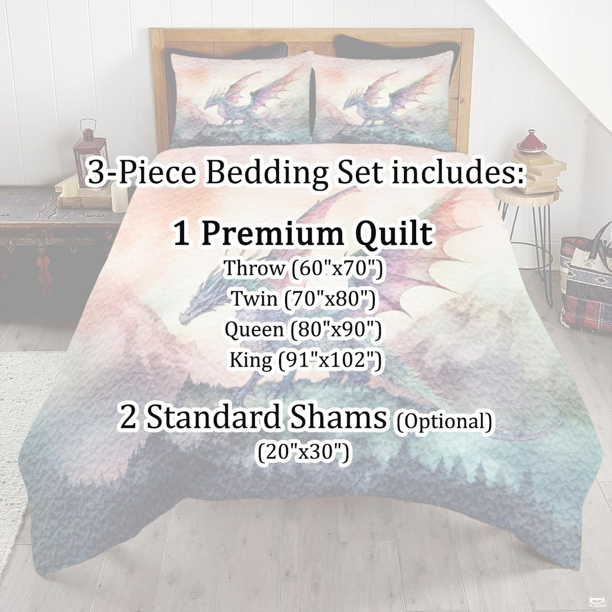 Watercolor dragon bedding mockup with pastel mountain scene