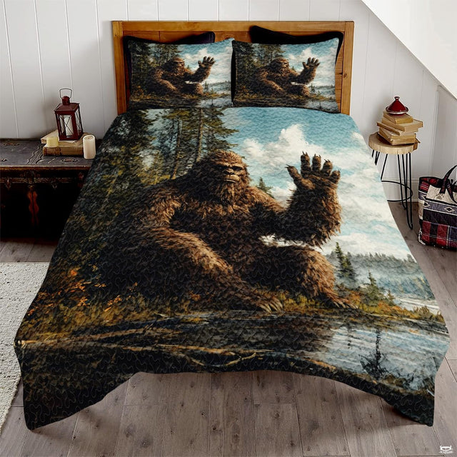 Patriotic Bigfoot bedding featuring a Sasquatch silhouette and distressed American flag on black backdrop on a bed