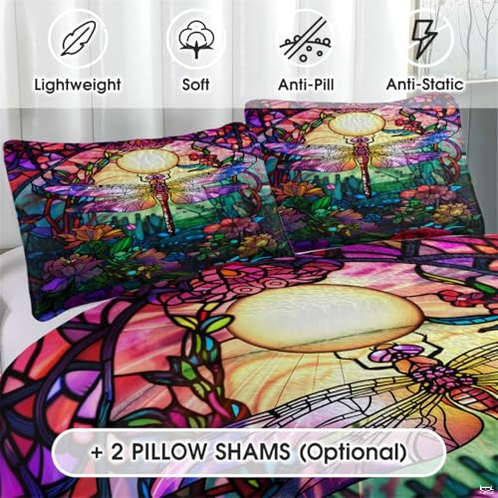 Personalized Dragonfly Patchwork Pattern Quilt Set, Animal Style, Dragonfly Quilt Set Bedspread, Custom Nature Autumn Quilt Bedset, Cotton Bedding for Bedroom Girl Room (Hidden Garden Dragonfly)
