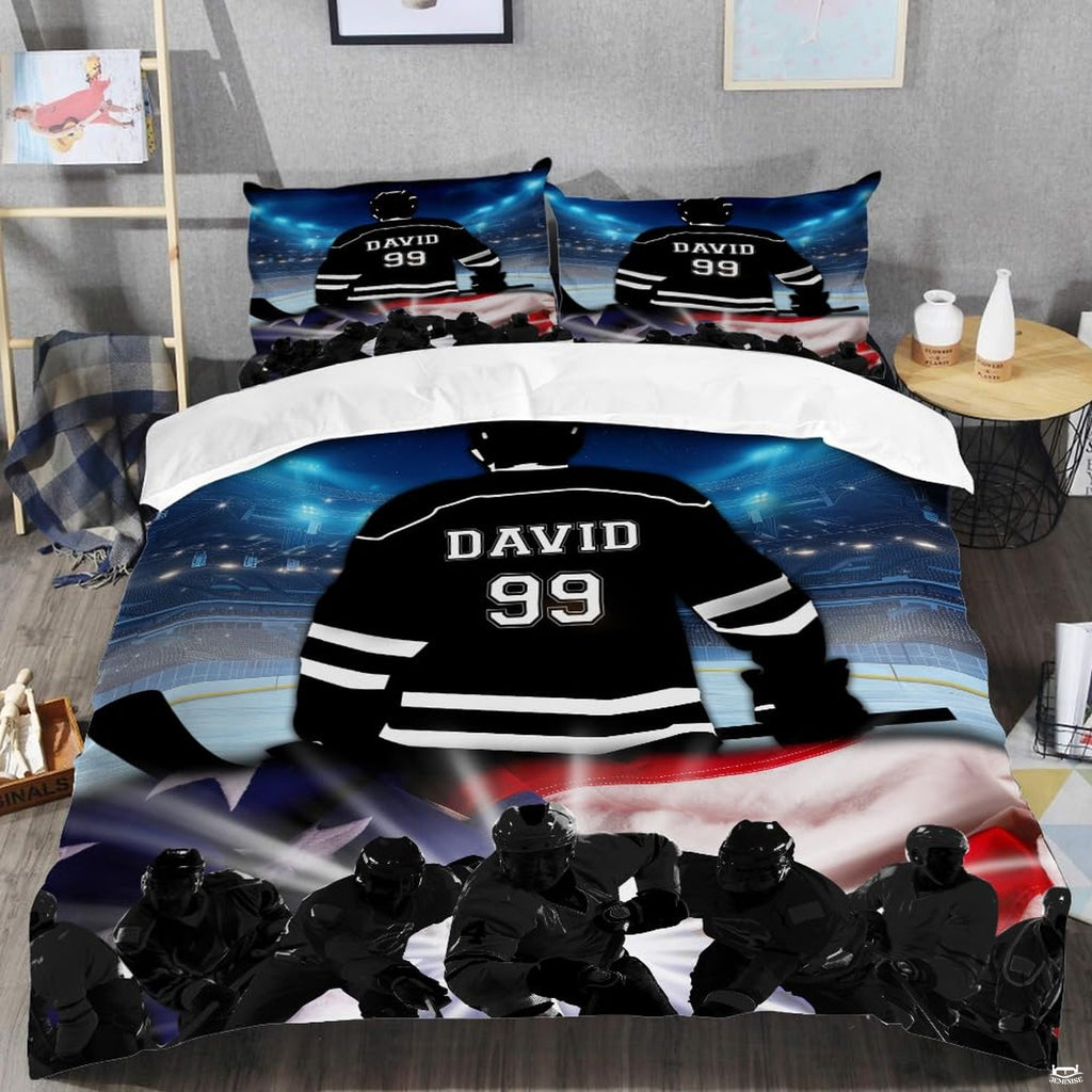 Top-down view of patriotic ice hockey bedding set arranged neatly on a youth bedroom mattress