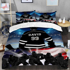 Top-down view of patriotic ice hockey bedding set arranged neatly on a youth bedroom mattress