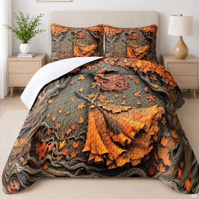 Autumn witch broomstick flying bedding with swirling leaves - view 1