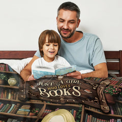 Bookworm girl throw blanket view 6 highlighting reader character, wooden library shelves, and houseplants