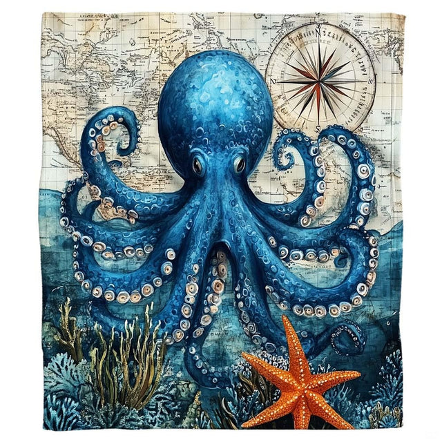 Vintage nautical blue octopus throw blanket view 2 detailing tentacles and compass map