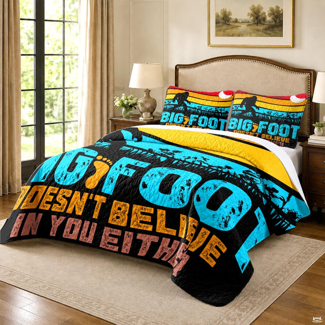 Close view of distressed block typography and footprint icon on striped bedding set