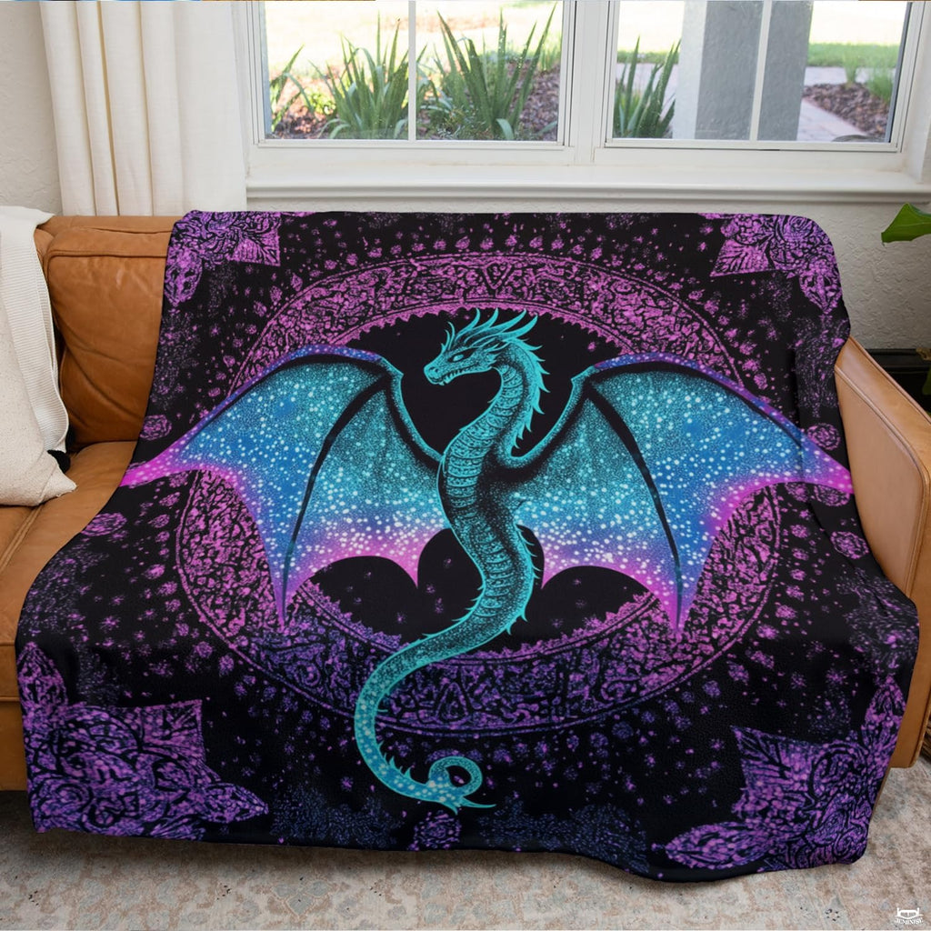 Close view of ornamental mandala accents woven into celestial dragon silhouette wings and galaxy stardust.