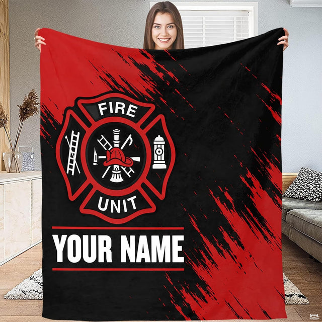 Close-up perspective of red Maltese cross badge and firefighter tool icons on Blanket.