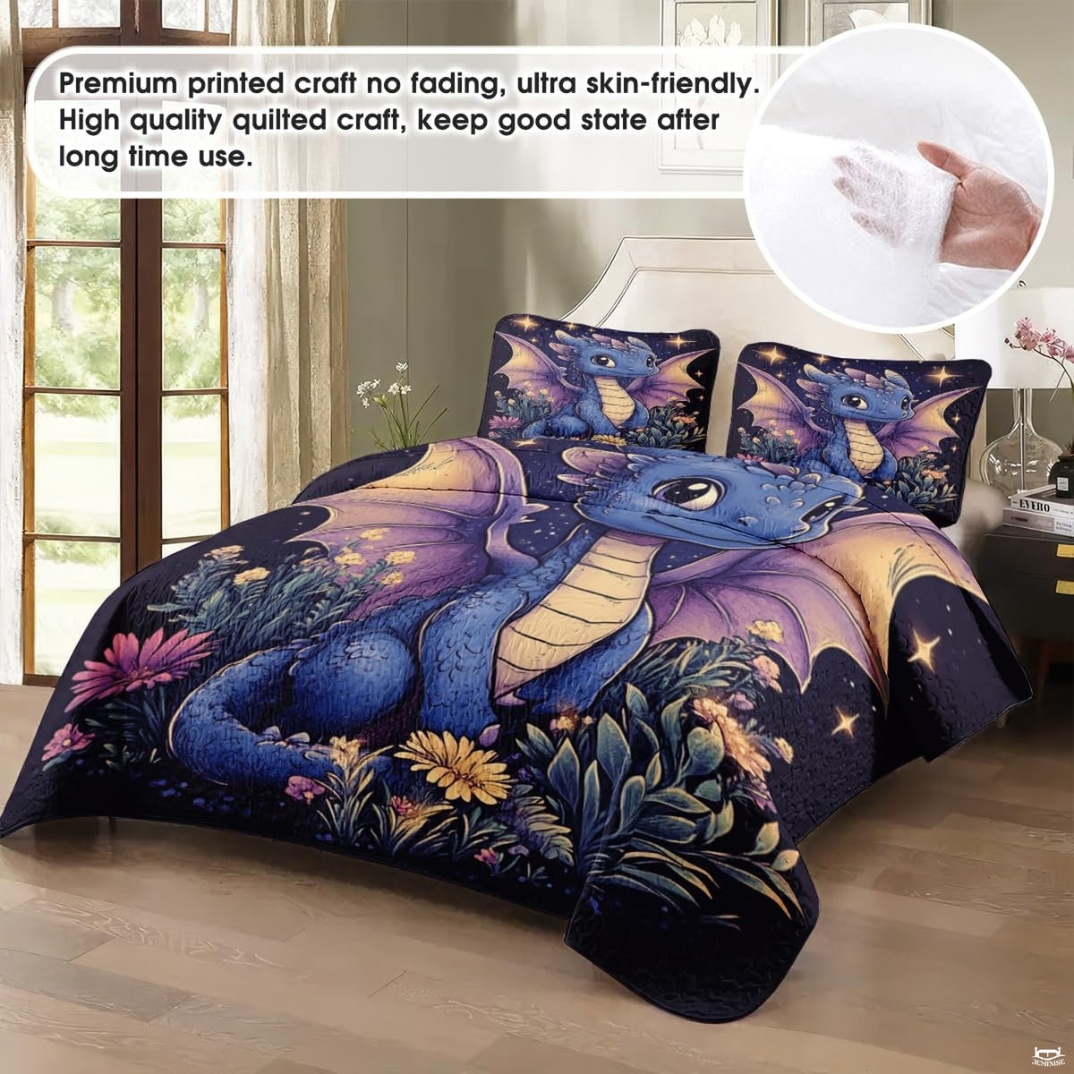 Side view of baby dragon bedding set creating an imaginative fairytale aesthetic in a bedroom