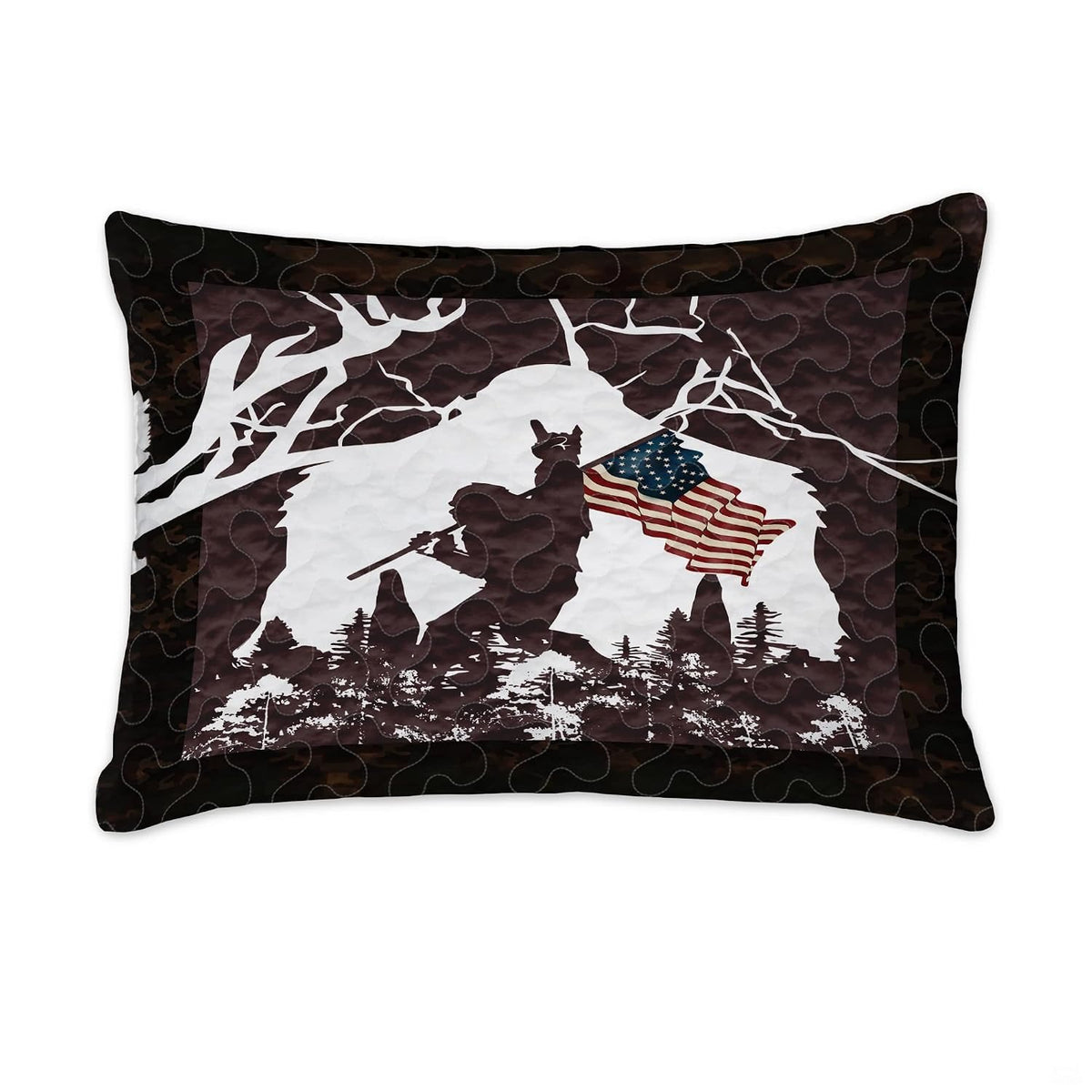 Matching pillowcase detail for patriotic bedding set showcasing coordinating Bigfoot and American flag graphics
