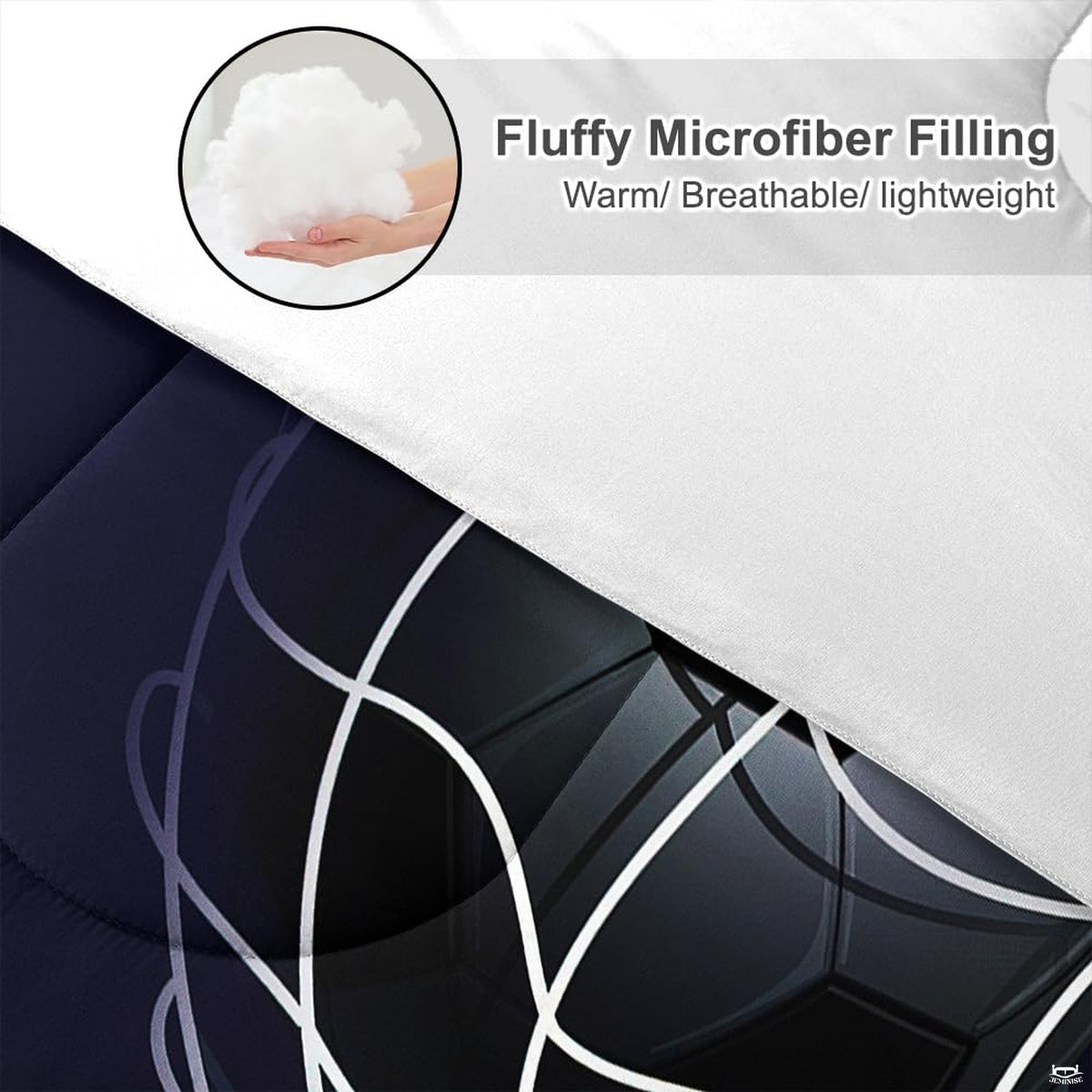 Corner fold view of midnight soccer bedding highlighting rich navy gradient and crisp net printing
