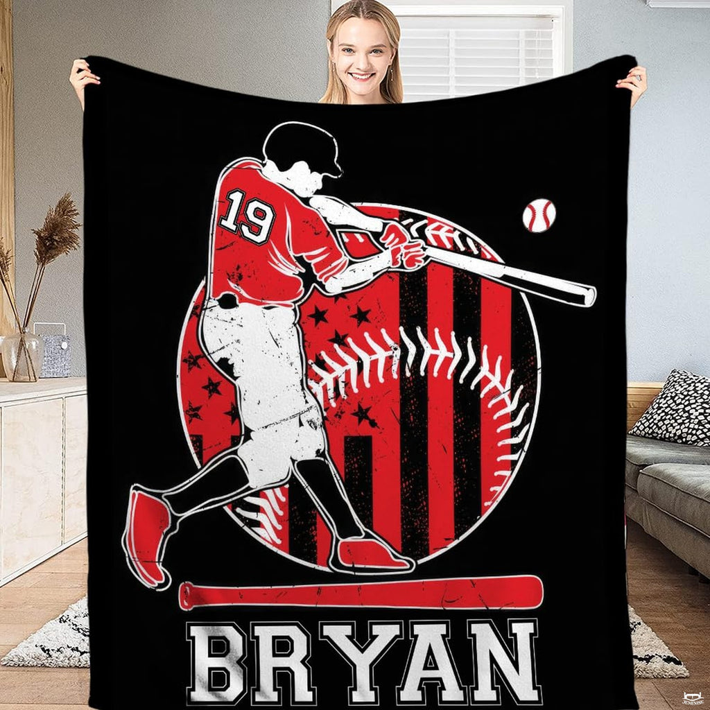 Baseball batter athletic graphic emblem on dark bedding set centerpiece.