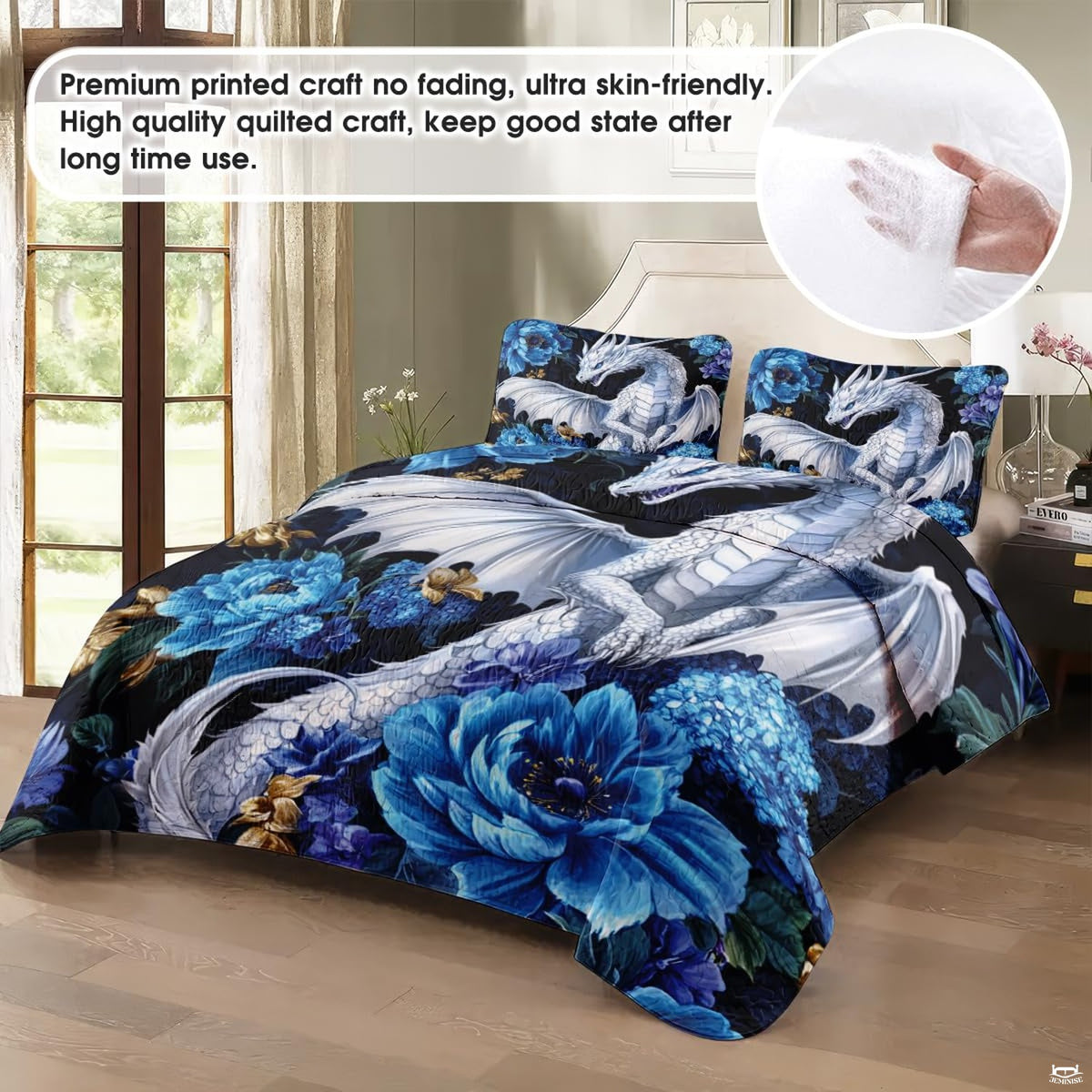 Silver dragon bedding in a softly lit bedroom