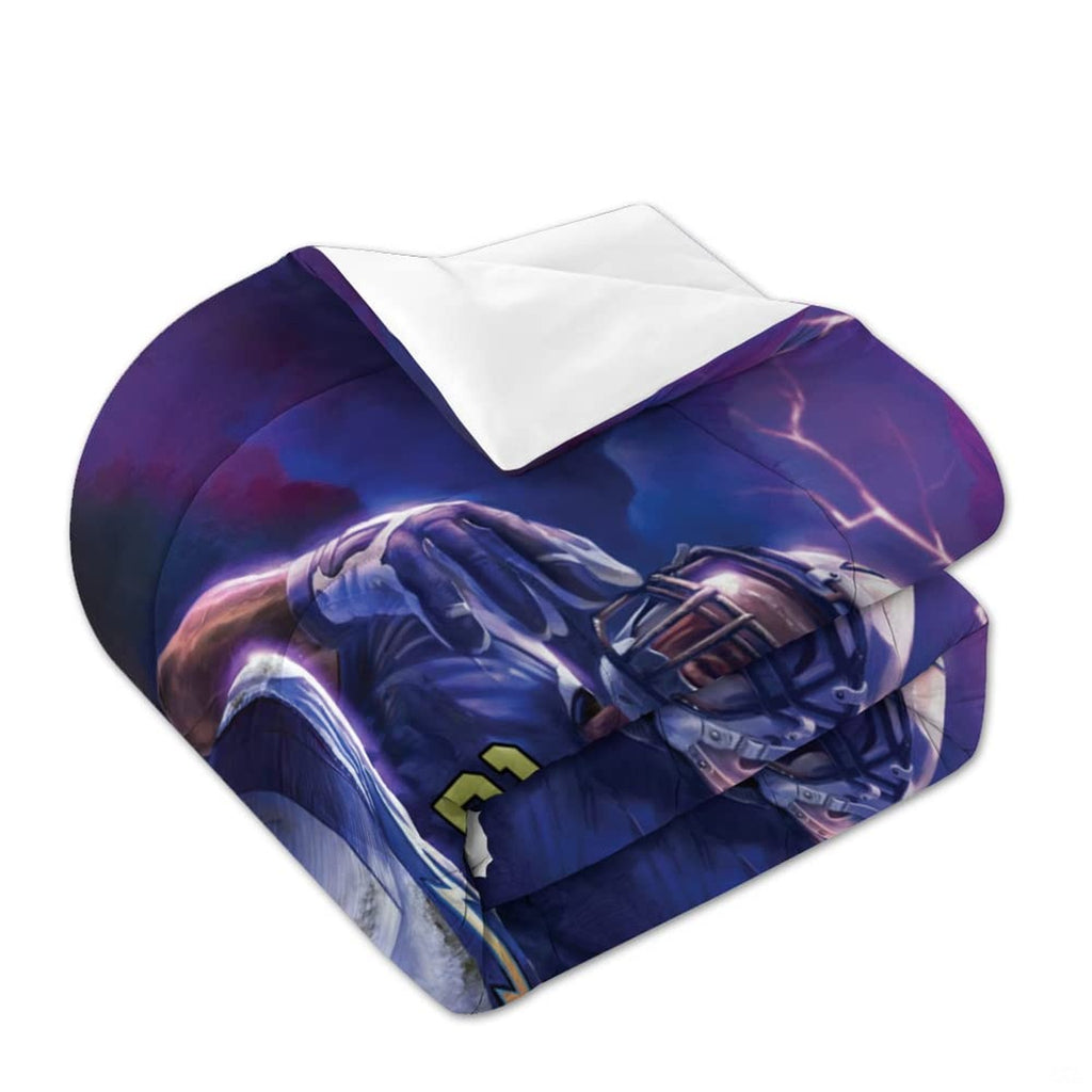 Overhead view of lightning storm football bedding spread across a contemporary youth bedroom bed