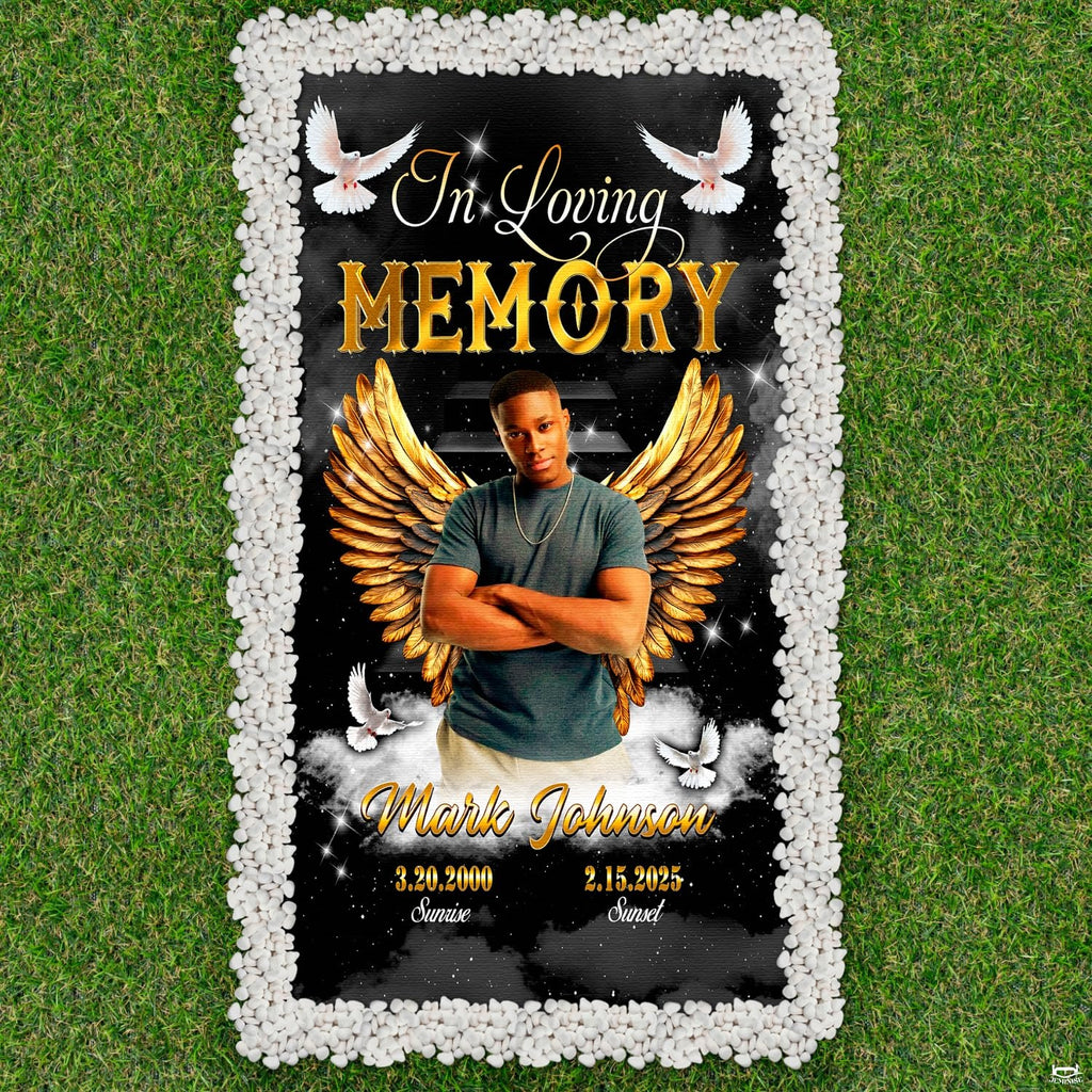 Aerial perspective displaying radiant golden wings and white peace doves framed by white decorative pebbles.