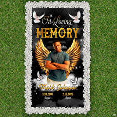 Aerial perspective displaying radiant golden wings and white peace doves framed by white decorative pebbles.