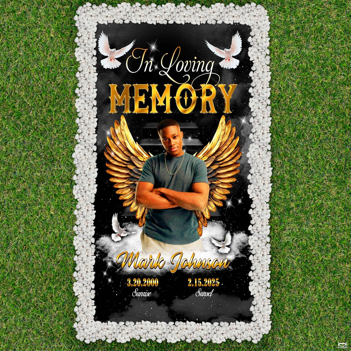 Aerial perspective displaying radiant golden wings and white peace doves framed by white decorative pebbles.