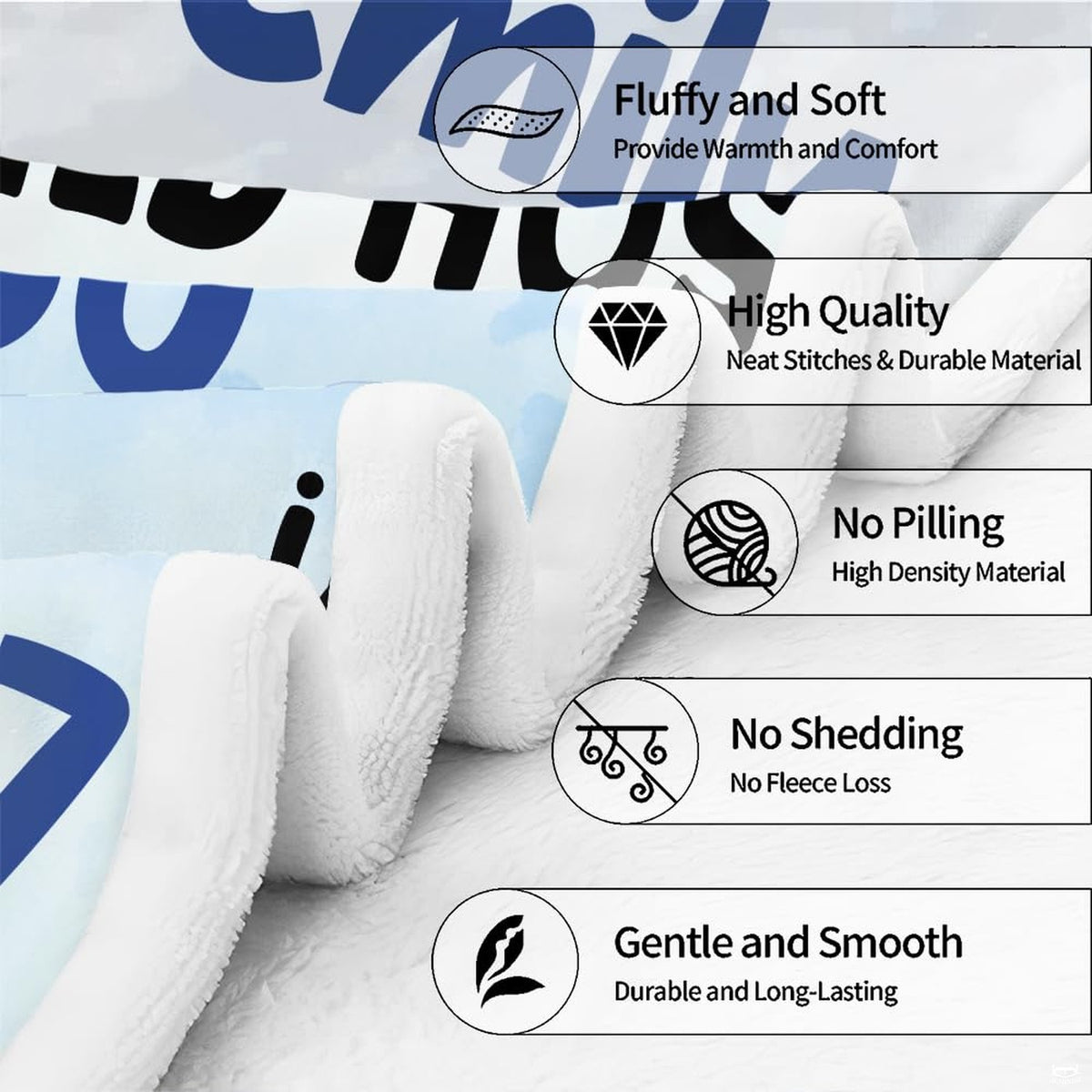Feature infographic displaying circular icons and structural details for the nursery stork milestone blanket.