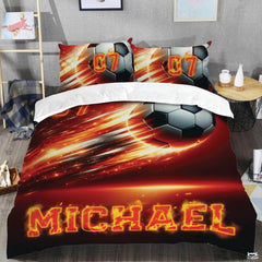 Custom Flaming Soccer Ball with Name Comforter Set, Machine Washable