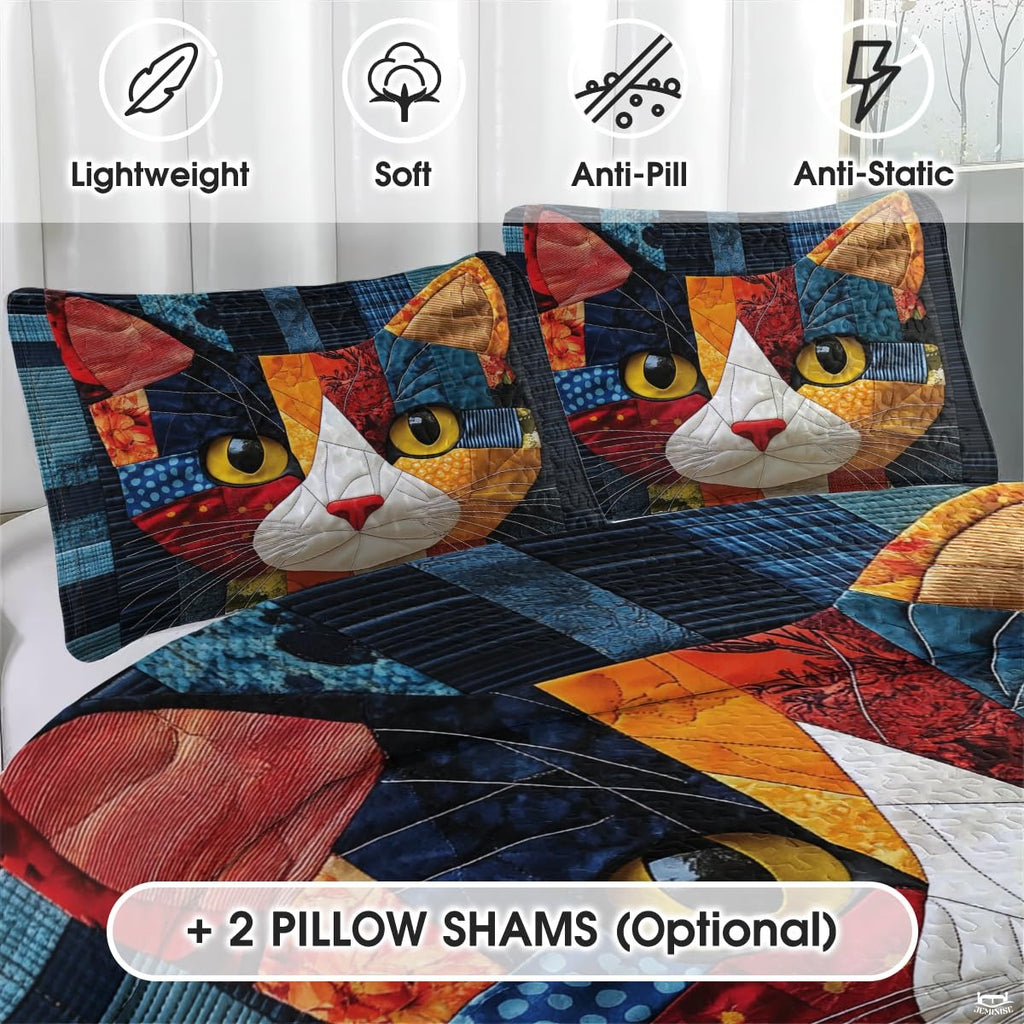 Cat Patchwork Quilt Set, Animal Pattern Bedding, Cat Pattern Quilt Set Patchwork Style, Colorful Quilts Bedspread Twin Size, Throw Full Queen King Quilt Blanket