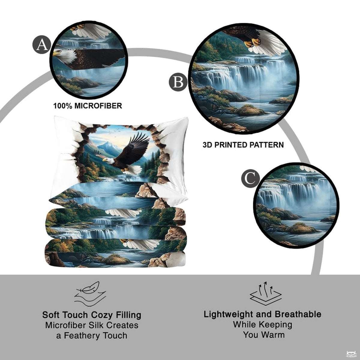 Matching pillowcase detail for eagle bedding set showing coordinating bald eagle and mountain graphic print