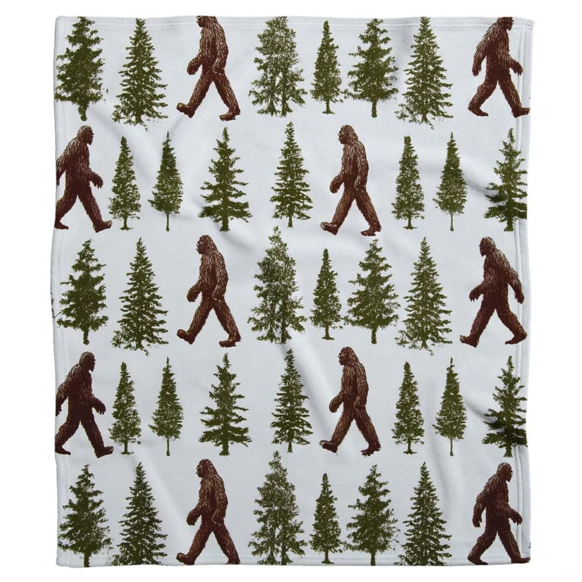 Rustic Sasquatch bed spread theme featuring dark brown figures and forest green pine trees.