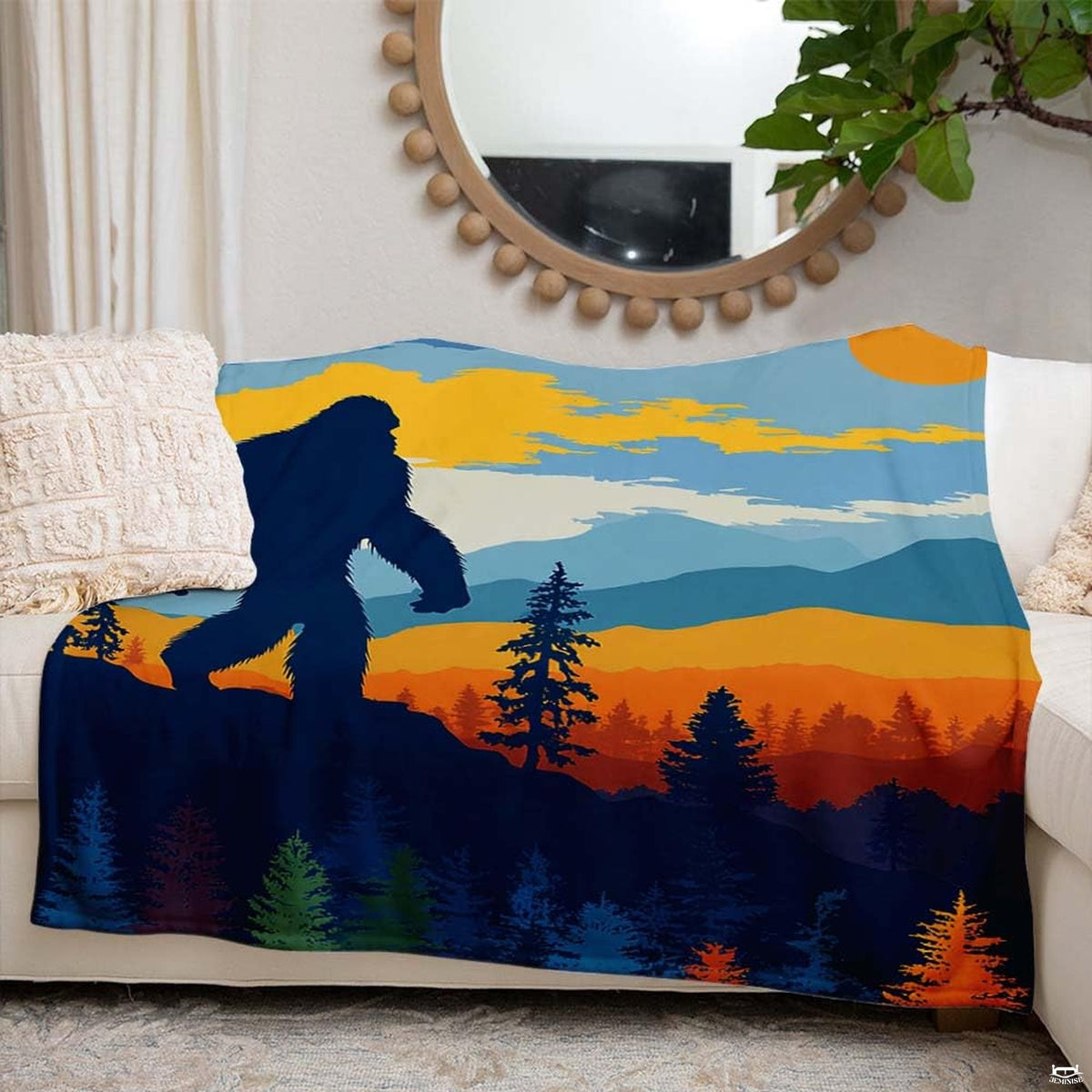 Overhead view of wilderness bedding displaying scenic mountain landscape and retro Pacific Northwest art.
