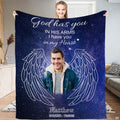 Cosmic deep blue bedding set display showing angel wings and star constellations across a deep set bed frame setup.