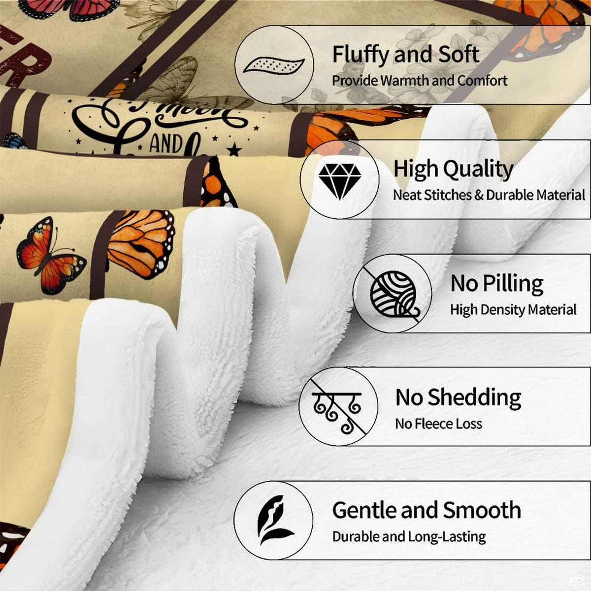 Flat overhead view showing the complete daughter collage and monarch border design on a throw blanket