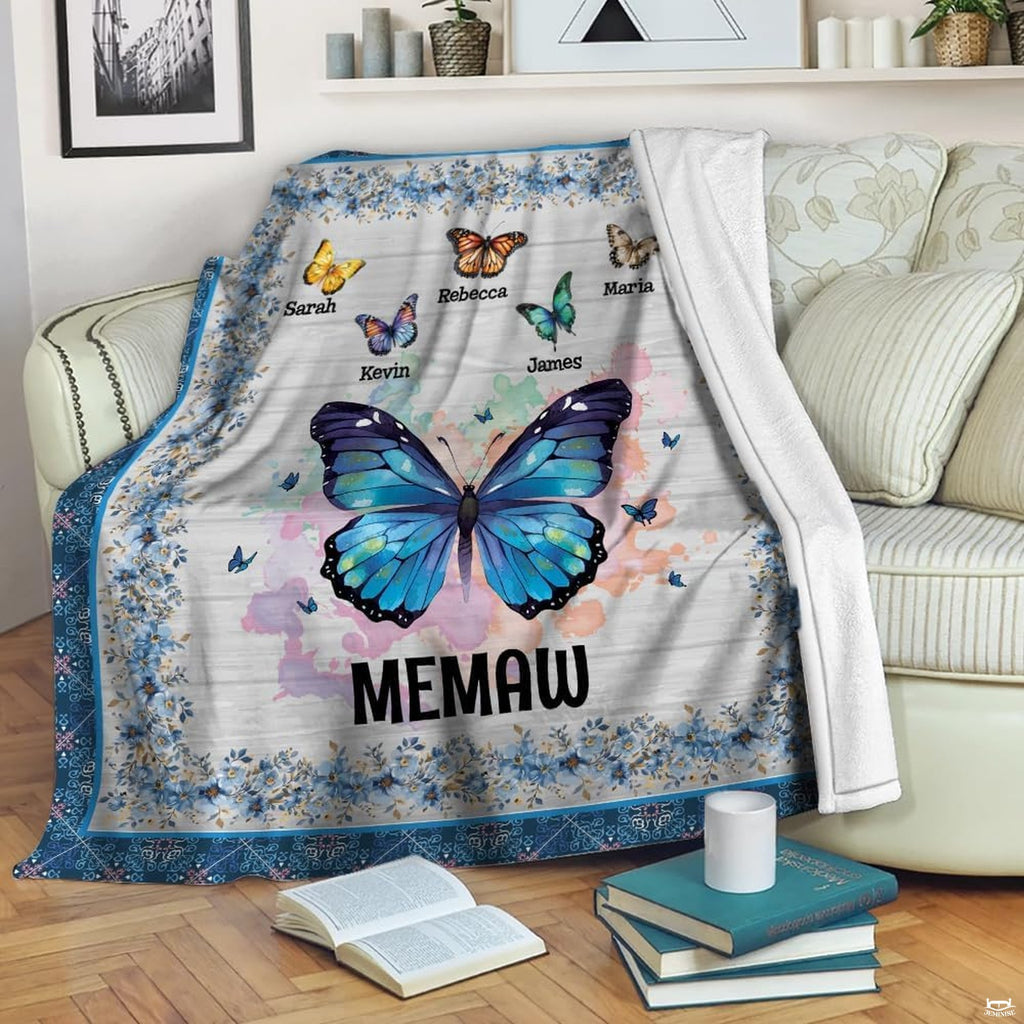 Blue morpho butterfly textile draped across living room armchair