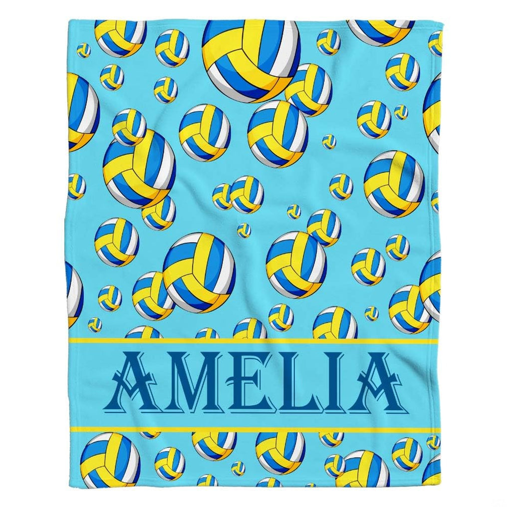 Volleyball bedding set displaying yellow, white, and blue balls scattered across a vibrant sky blue turquoise surface.