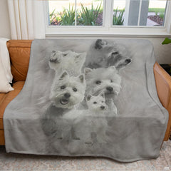 White terrier dog graphic blanket displayed on living room sofa