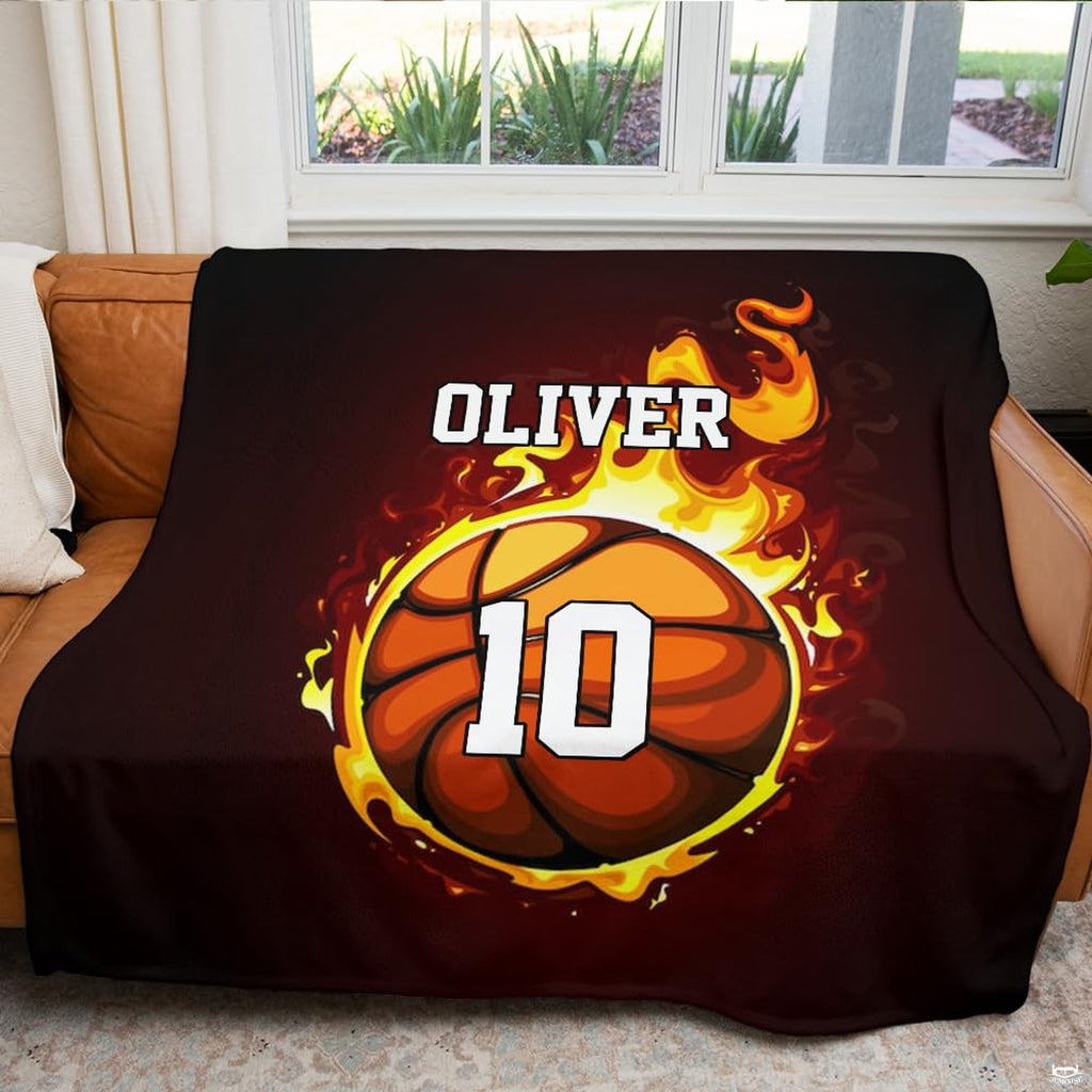 Vivid orange and yellow flame illustrations on basketball bedding decor.