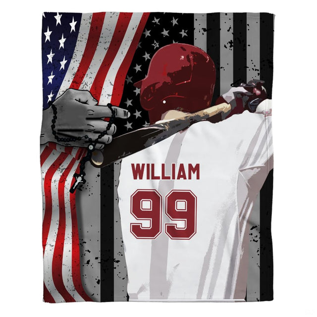 Baseball batter in hitting stance before American flag with jersey typography, view 1.