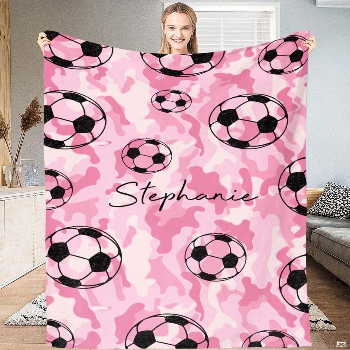 Pink camouflage soccer balls graphic blanket front display