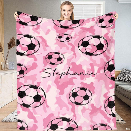 Pink camouflage soccer balls graphic blanket front display