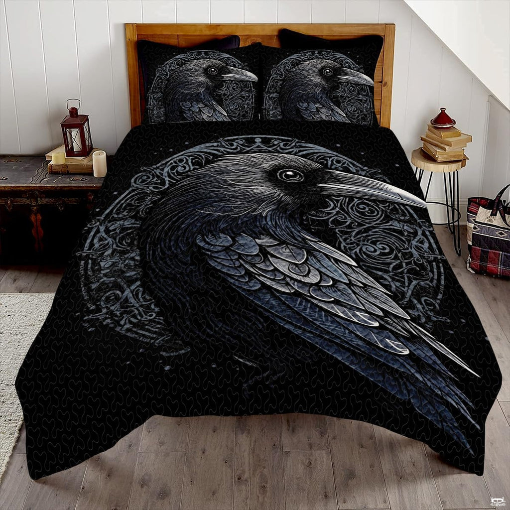 Silver runic compass Viking raven mythology bedding set displayed neatly on a bed in a modern bedroom