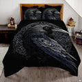 Silver runic compass Viking raven mythology bedding set displayed neatly on a bed in a modern bedroom