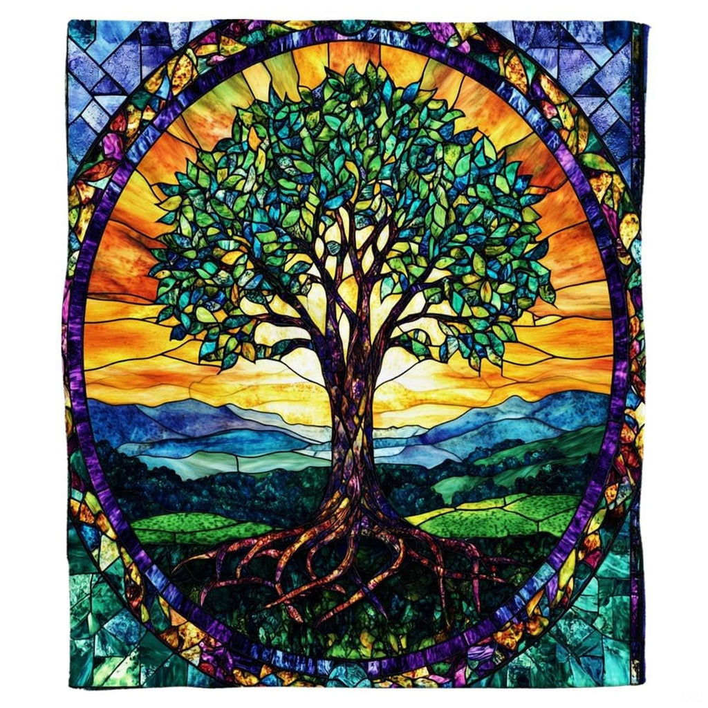 Living room display showing stained glass Tree of Life throw blanket styled across home seating.