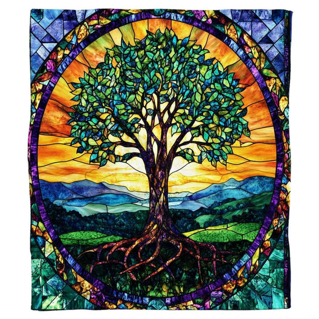 Living room display showing stained glass Tree of Life throw blanket styled across home seating.