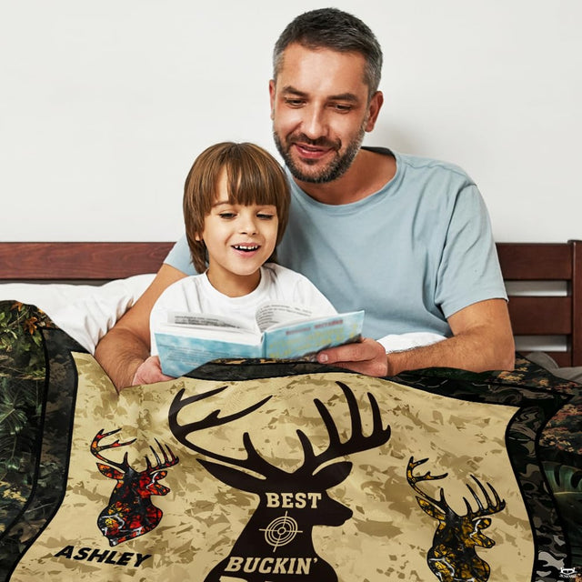 Camo deer hunting best buckin dad ever wildlife blanket showing buck silhouette view 2