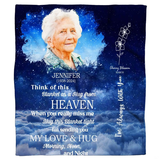 Full view of heartfelt elder portrait tribute artwork featuring celestial blue atmosphere and graceful flower branch