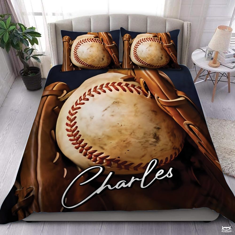 Personalized Baseball Bedding Full Size Flag Custom Name Duvet Cover Set Sport Decor Sports Comforter Bed Set (Rustic Baseball and Gloves 2)