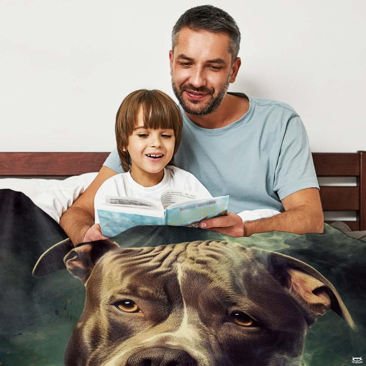 Bedroom arrangement highlighting pit bull portrait bedding set alongside thematic accent ambient nightstand illumination.